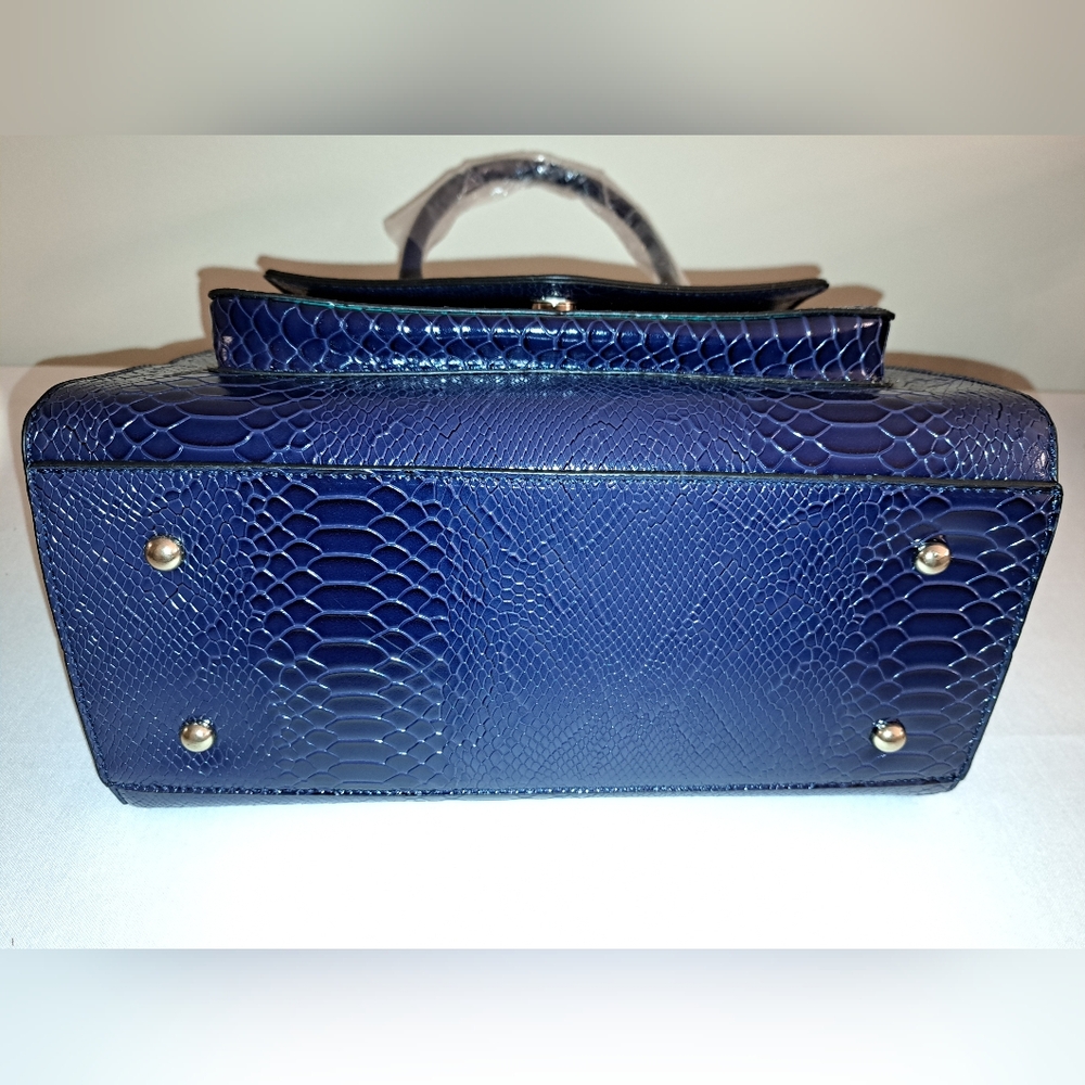 Navy Blue Faux Snake Embossed Tote, Gold Hardware, Shoulder Strap Included, NEW! - Picture 7 of 14